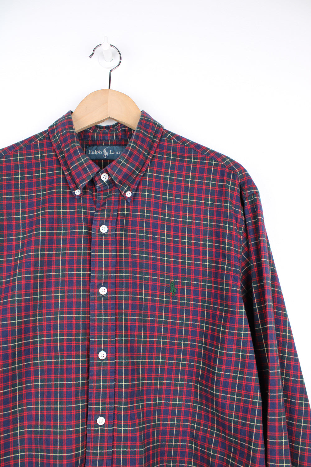 Ralph Lauren red, blue and green plaid button up cotton shirt features signature embroidered logo on the chest 