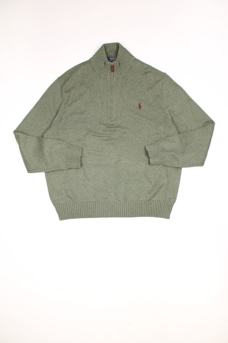 Polo Ralph Lauren 1/4 zip knitted jumper in a green colourway with the logo embroidered on the chest in burgundy red.