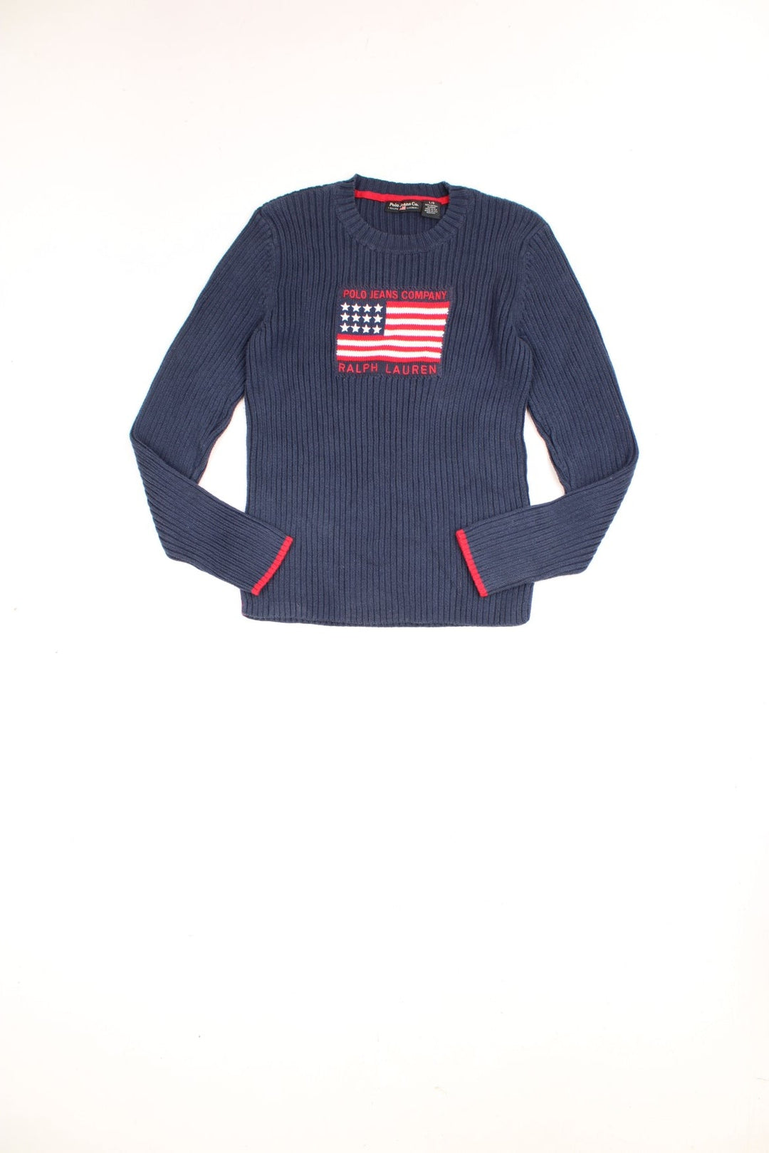 Vintage Ralph Lauren Polo Jeans Company USA flag jumper in a blue and red colourway. 