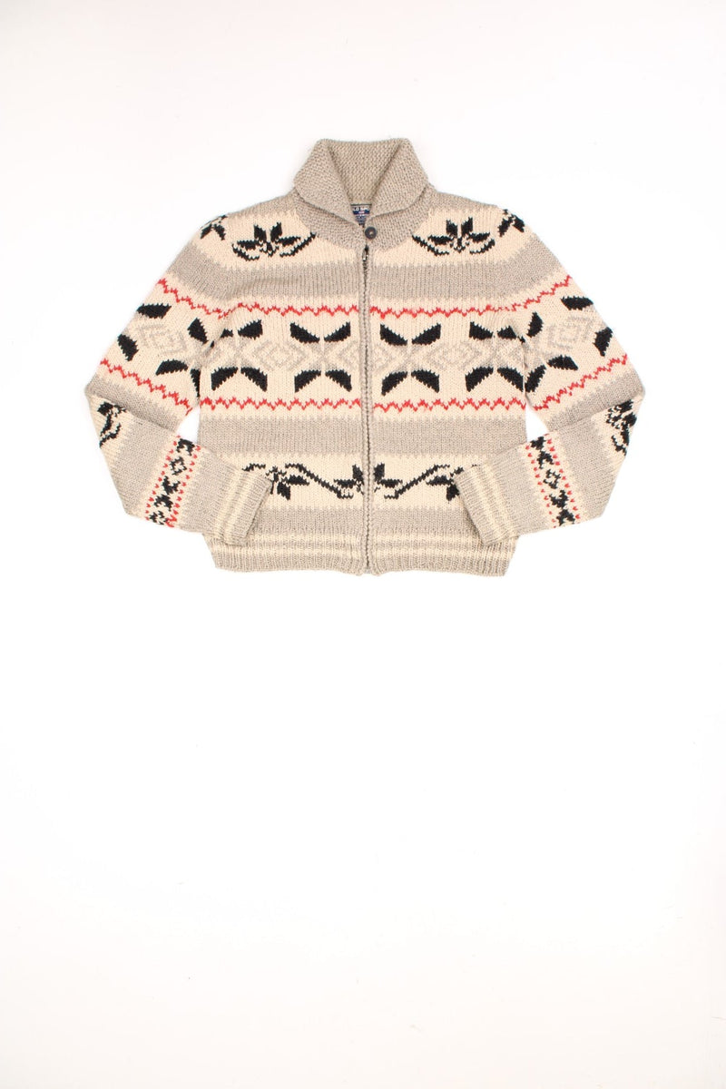 Vintage Ralph Lauren Polo Sport zip through wool patterned cardigan in a beige, red and blue colourway. 