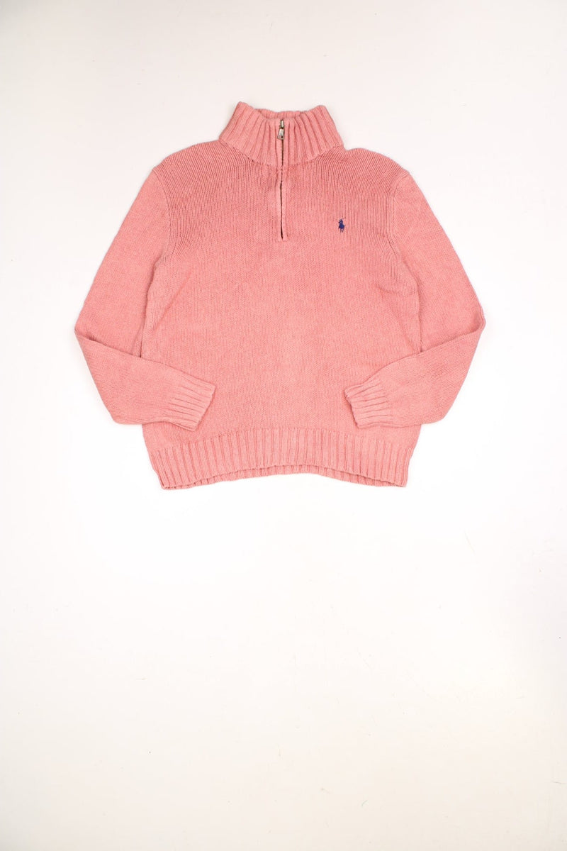 Polo Ralph Lauren 1/4 zip knitted jumper in a pink colourway with the logo embroidered on the chest in navy blue.