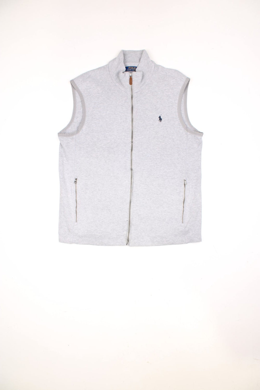 Polo Ralph Lauren zip through sweater vest in light grey with the logo embroidered on the chest in navy blue.