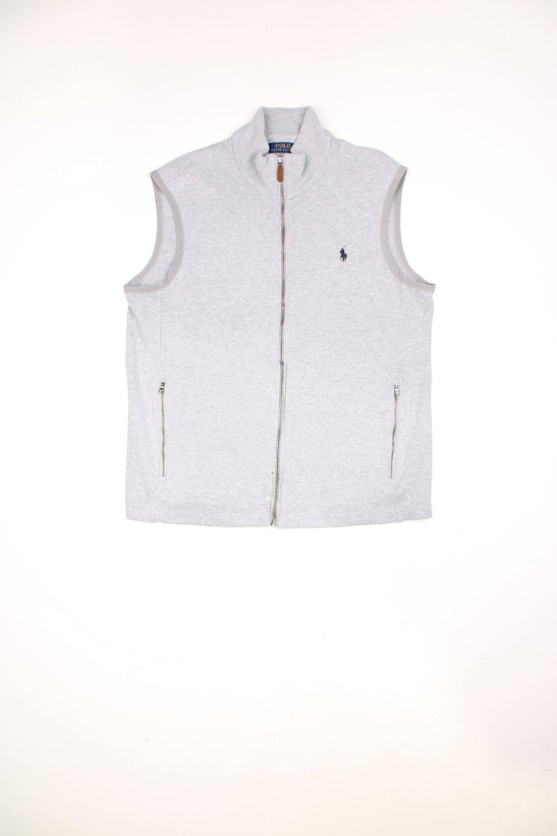 Polo Ralph Lauren zip through sweater vest in light grey with the logo embroidered on the chest in navy blue.