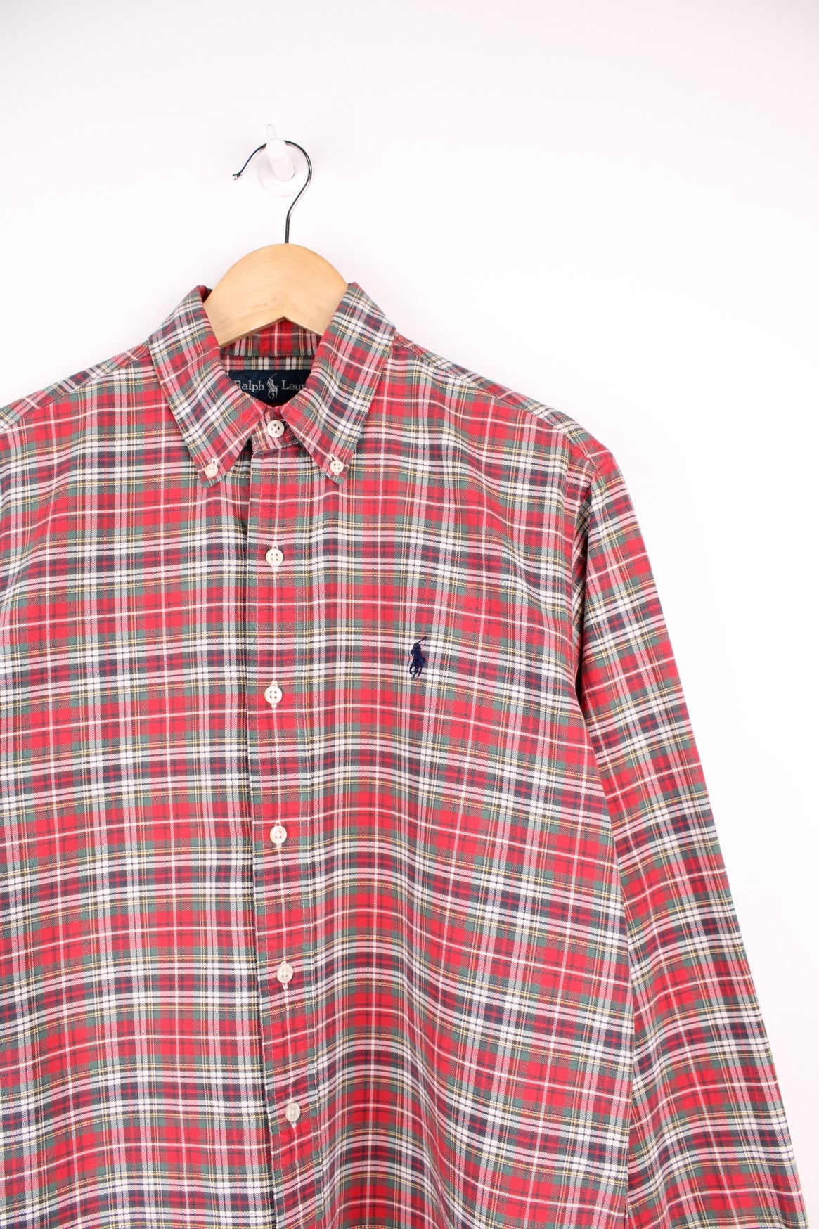 Ralph Lauren green and red plaid button through shirt with signature embroidered logo on the chest.