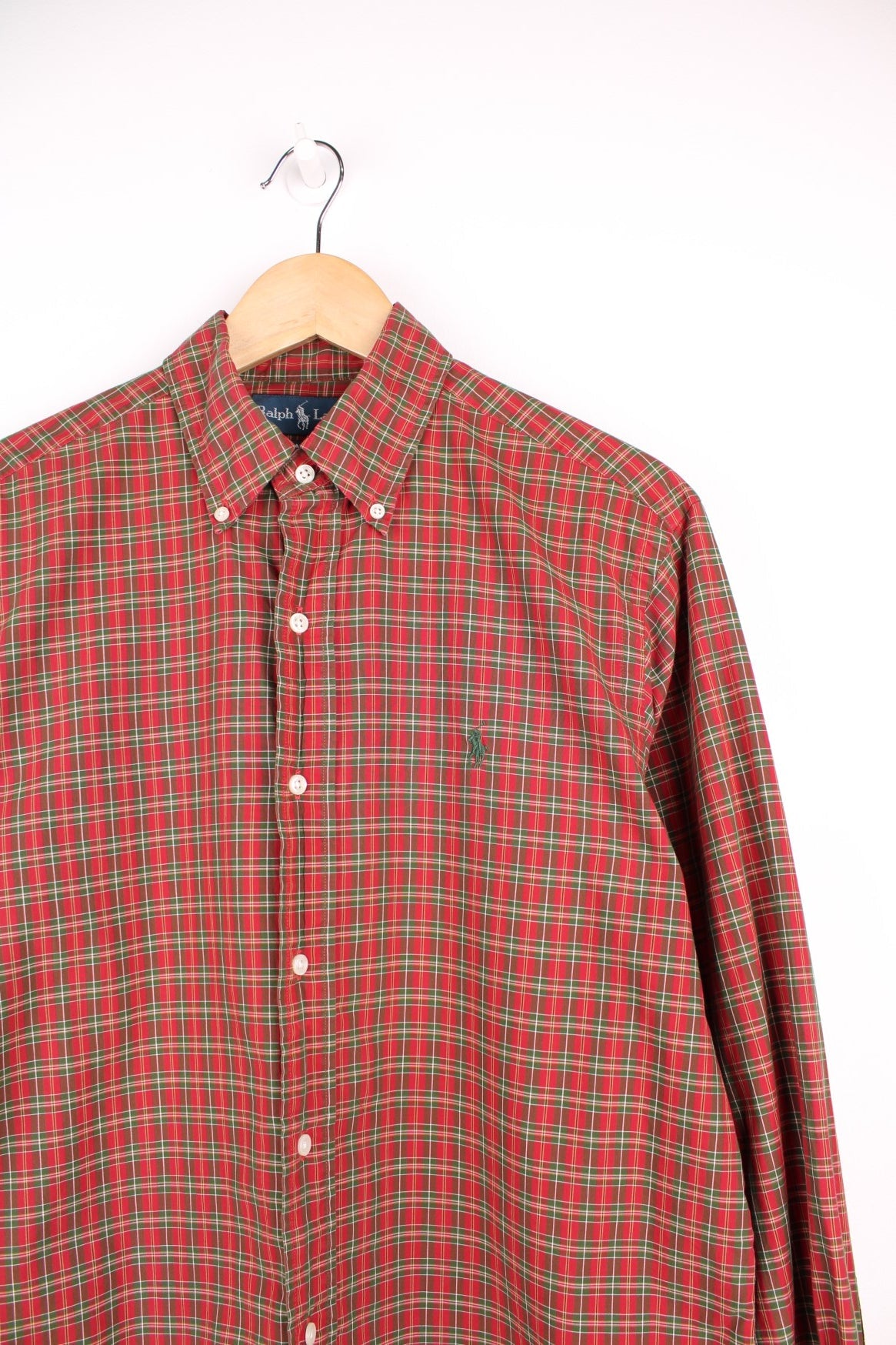 Ralph Lauren red and green plaid button through shirt with signature embroidered logo on the chest.