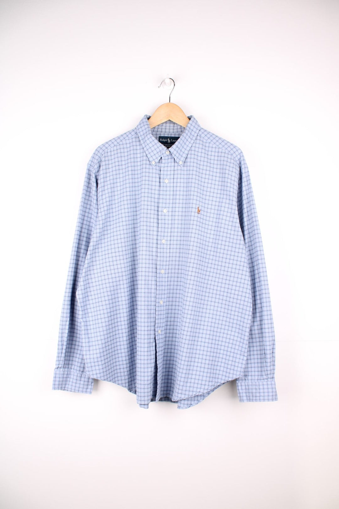 Ralph Lauren button through blue checked shirt with signature embroidered logo on the chest.