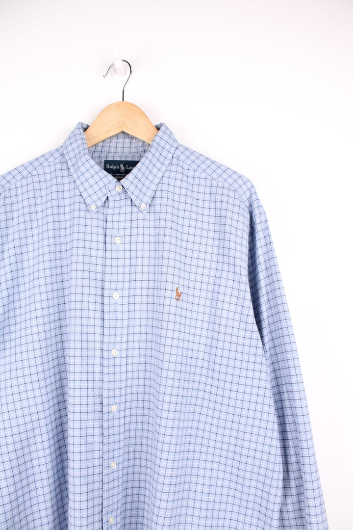 Ralph Lauren button through blue checked shirt with signature embroidered logo on the chest.