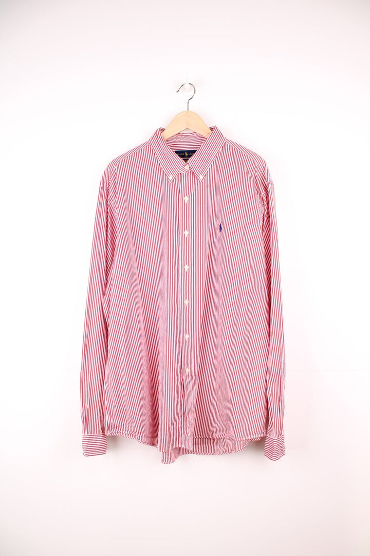 Red and white striped Ralph Lauren button-down shirt with signature Polo logo embroidered in navy blue. 