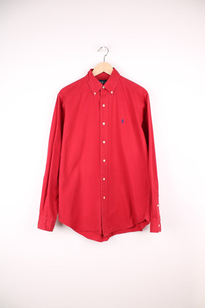 Red Ralph Lauren button-down shirt with signature Polo logo embroidered in navy blue.  