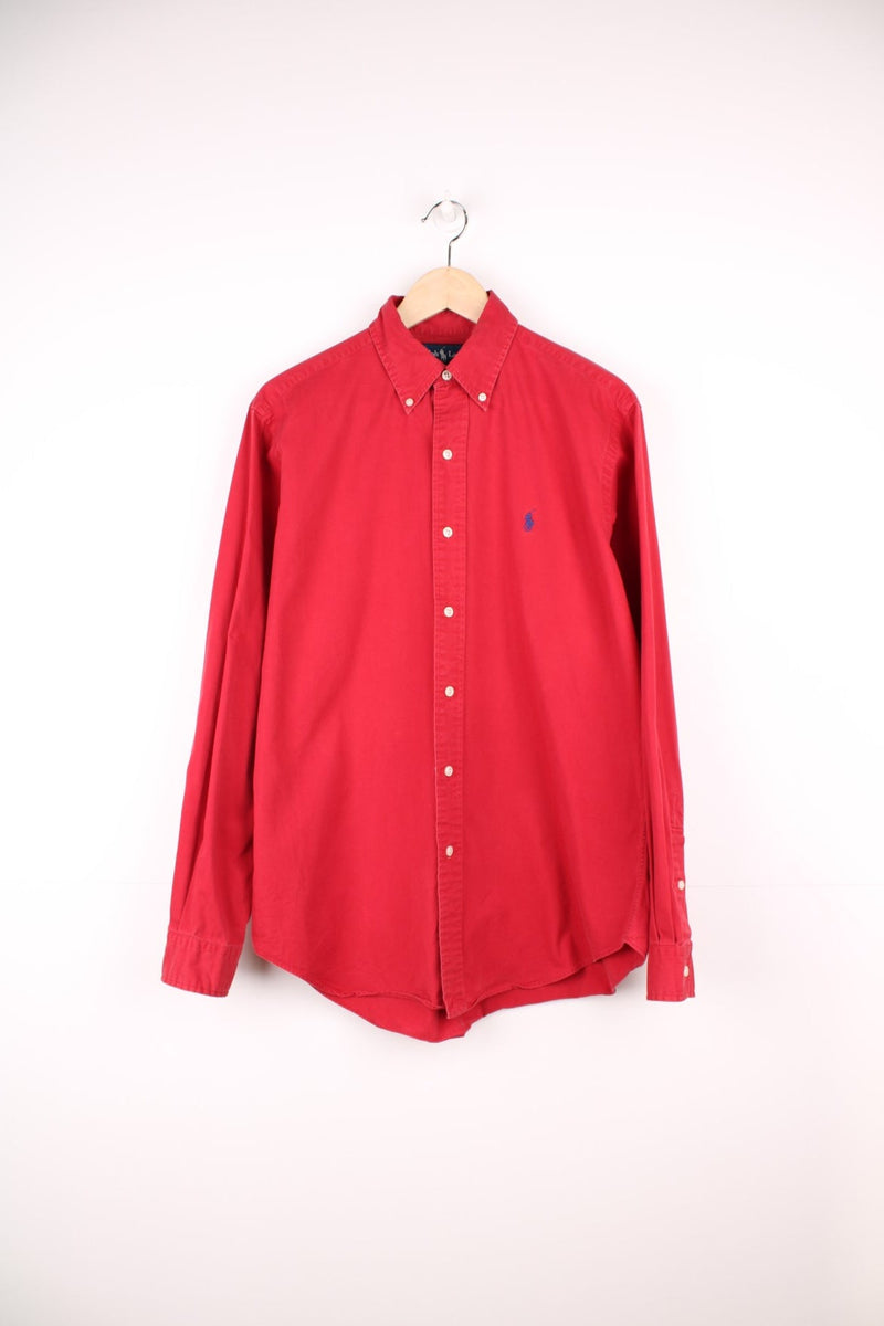 Red Ralph Lauren button-down shirt with signature Polo logo embroidered in navy blue.  