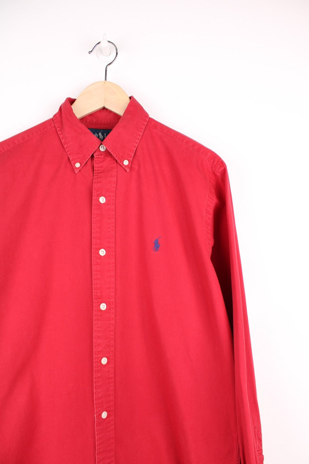 Red Ralph Lauren button-down shirt with signature Polo logo embroidered in navy blue.  