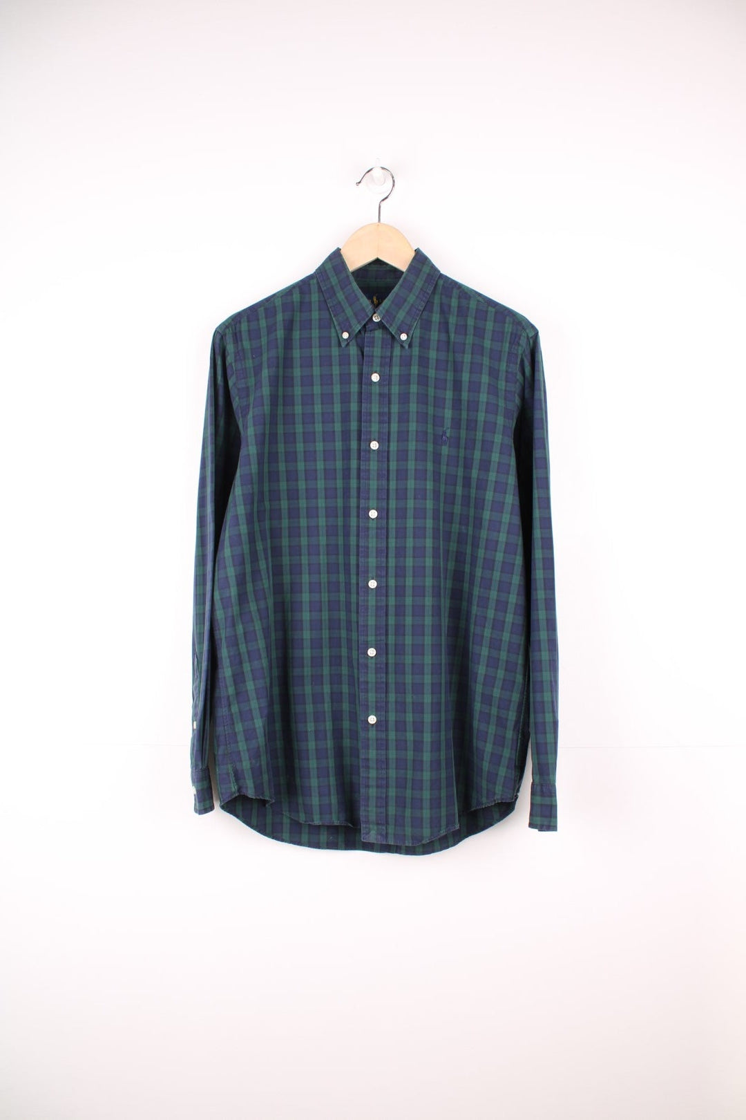 Navy and green check Ralph Lauren button-down shirt with signature Polo logo embroidered in navy. 