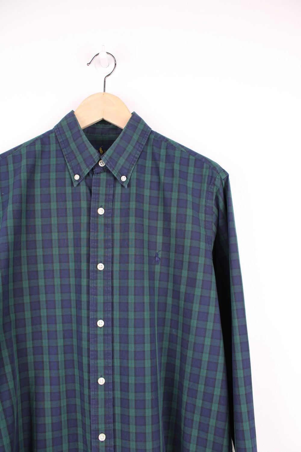 Navy and green check Ralph Lauren button-down shirt with signature Polo logo embroidered in navy. 