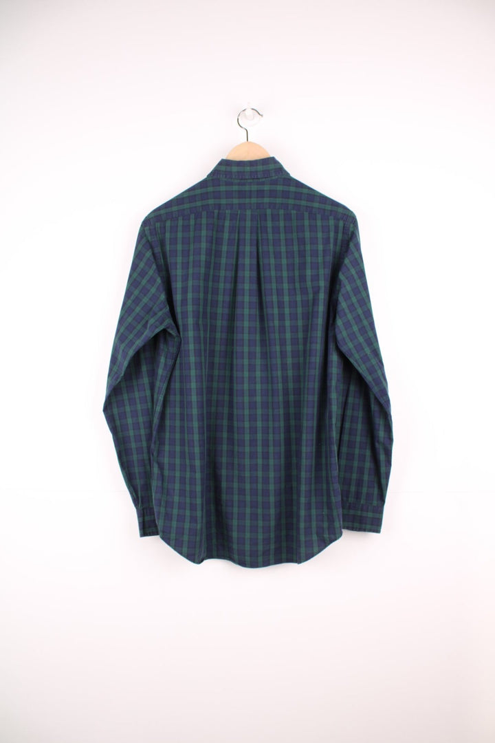 Navy and green check Ralph Lauren button-down shirt with signature Polo logo embroidered in navy. 