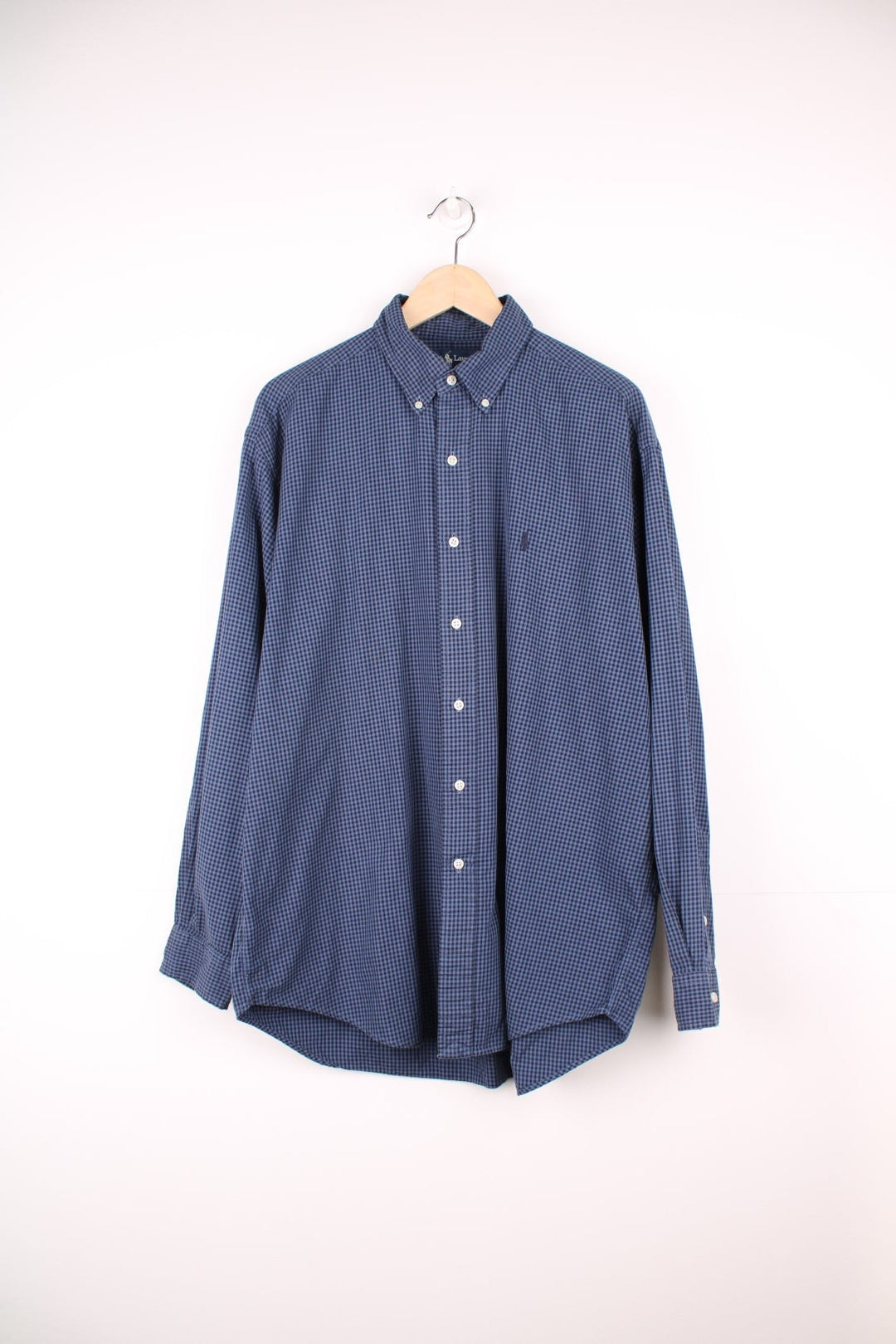 Blue and black check Ralph Lauren button-down shirt with signature Polo logo embroidered in black. 