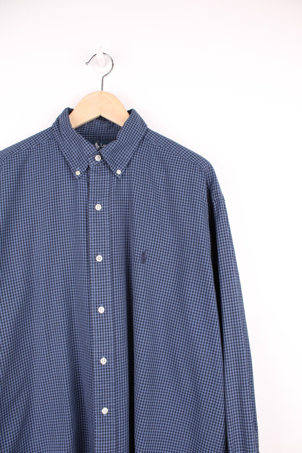 Blue and black check Ralph Lauren button-down shirt with signature Polo logo embroidered in black. 