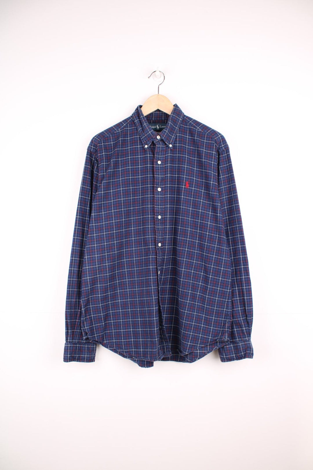 Navy blue, red, and white check Ralph Lauren button-down shirt with signature Polo logo embroidered in red. 