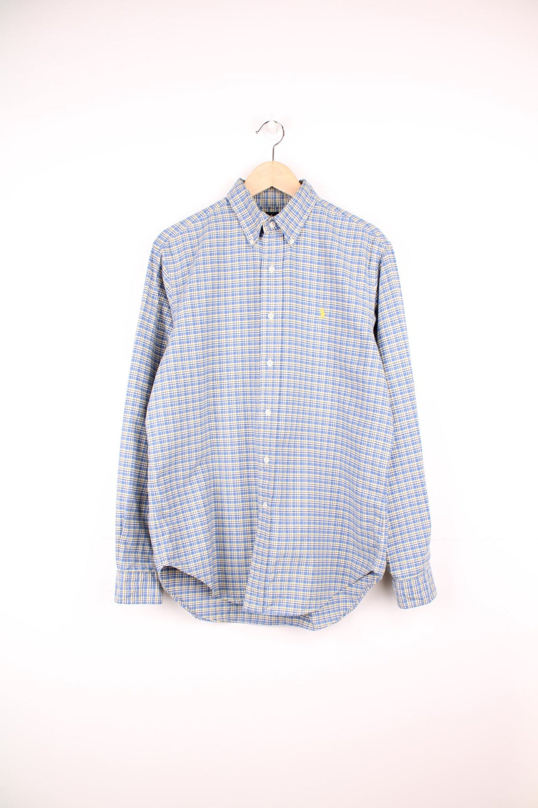 Blue and yellow check Ralph Lauren button-down shirt with signature Polo logo embroidered in yellow. 