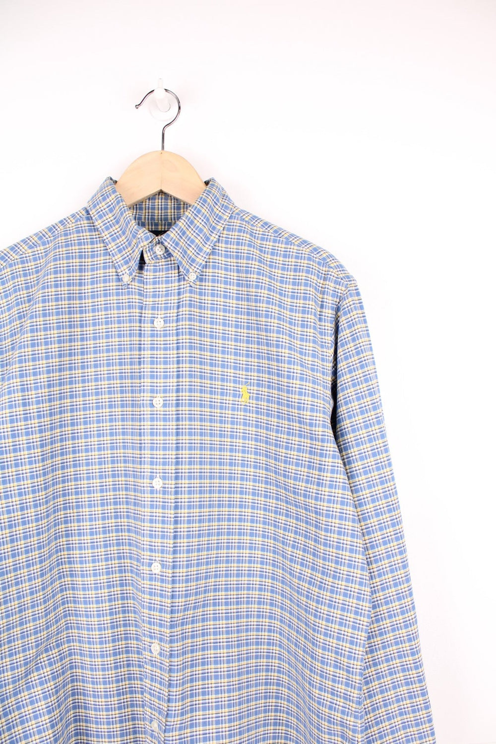 Blue and yellow check Ralph Lauren button-down shirt with signature Polo logo embroidered in yellow. 