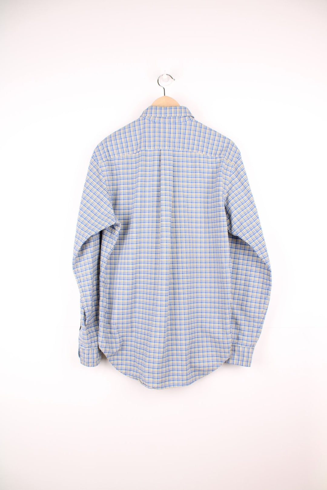 Blue and yellow check Ralph Lauren button-down shirt with signature Polo logo embroidered in yellow. 