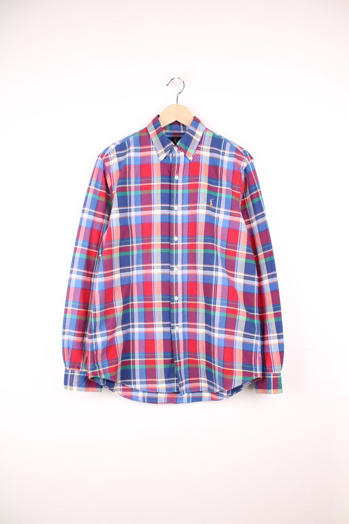 Red, blue, green, and white check Ralph Lauren button-down shirt with signature Polo logo embroidered in brown. 