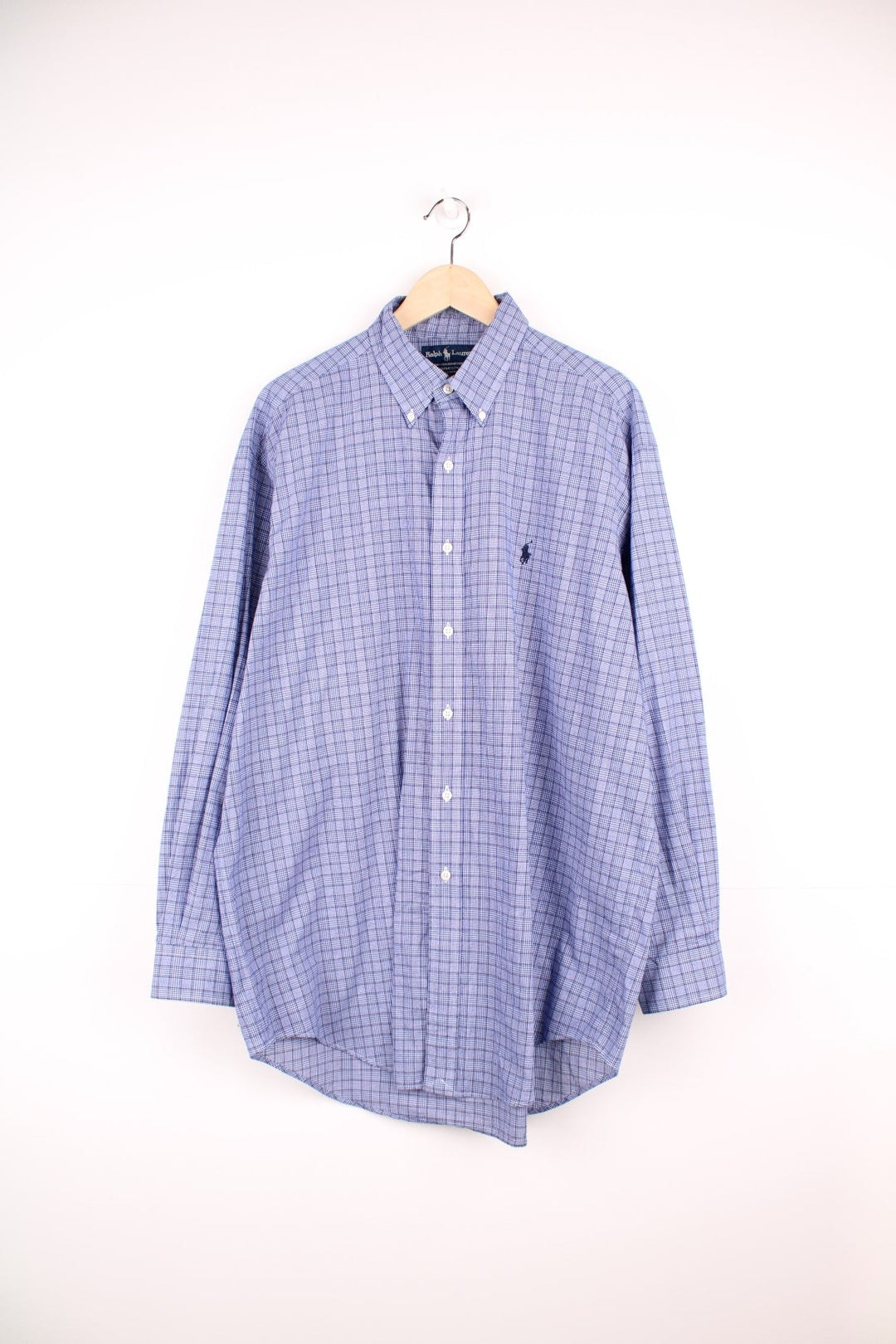 Blue square check Ralph Lauren button-down shirt with signature Polo logo emboidered in navy blue. 