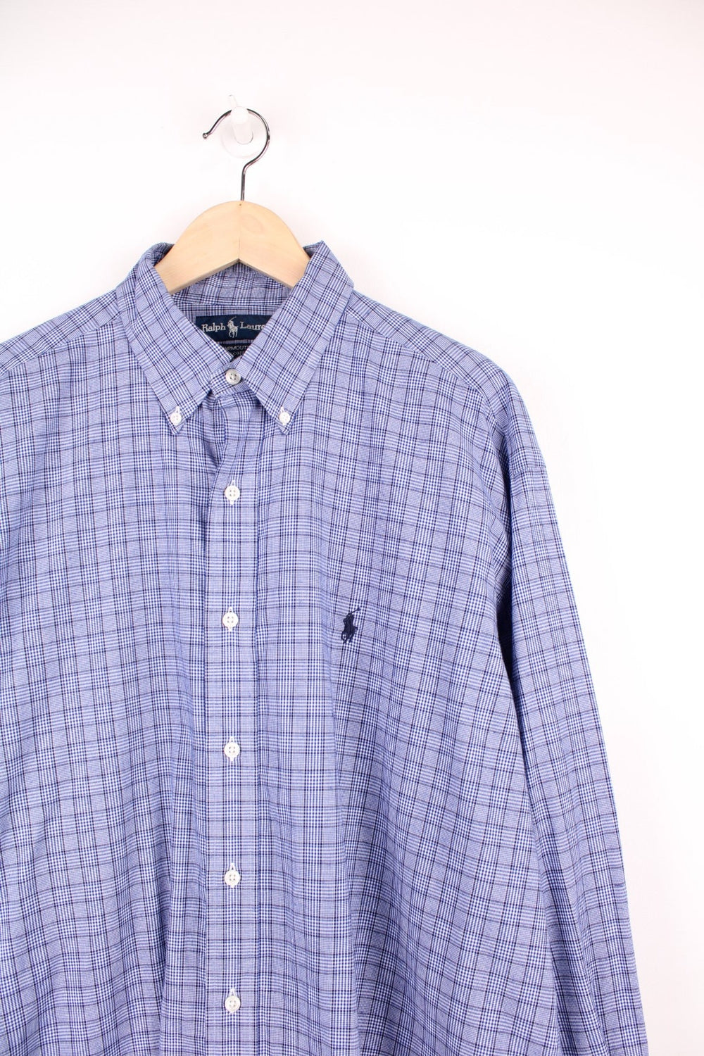 Blue square check Ralph Lauren button-down shirt with signature Polo logo emboidered in navy blue. 