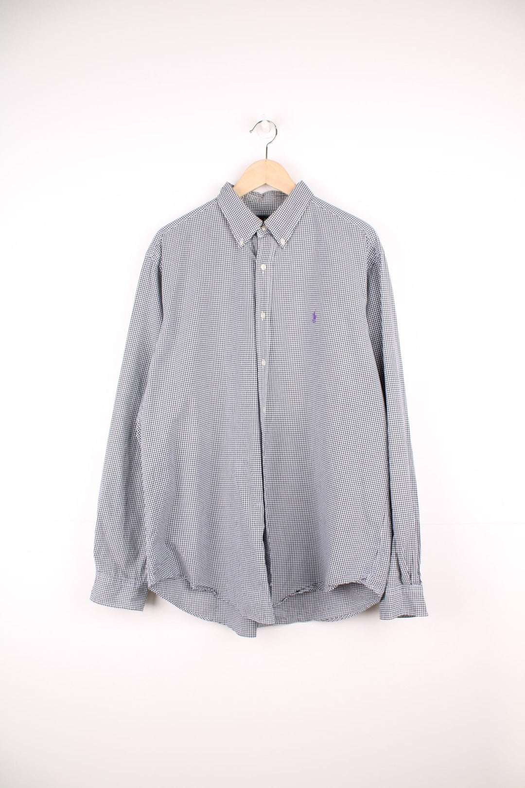 Black and white check Ralph Lauren button-down shirt with signature Polo logo embroidered in purple. 