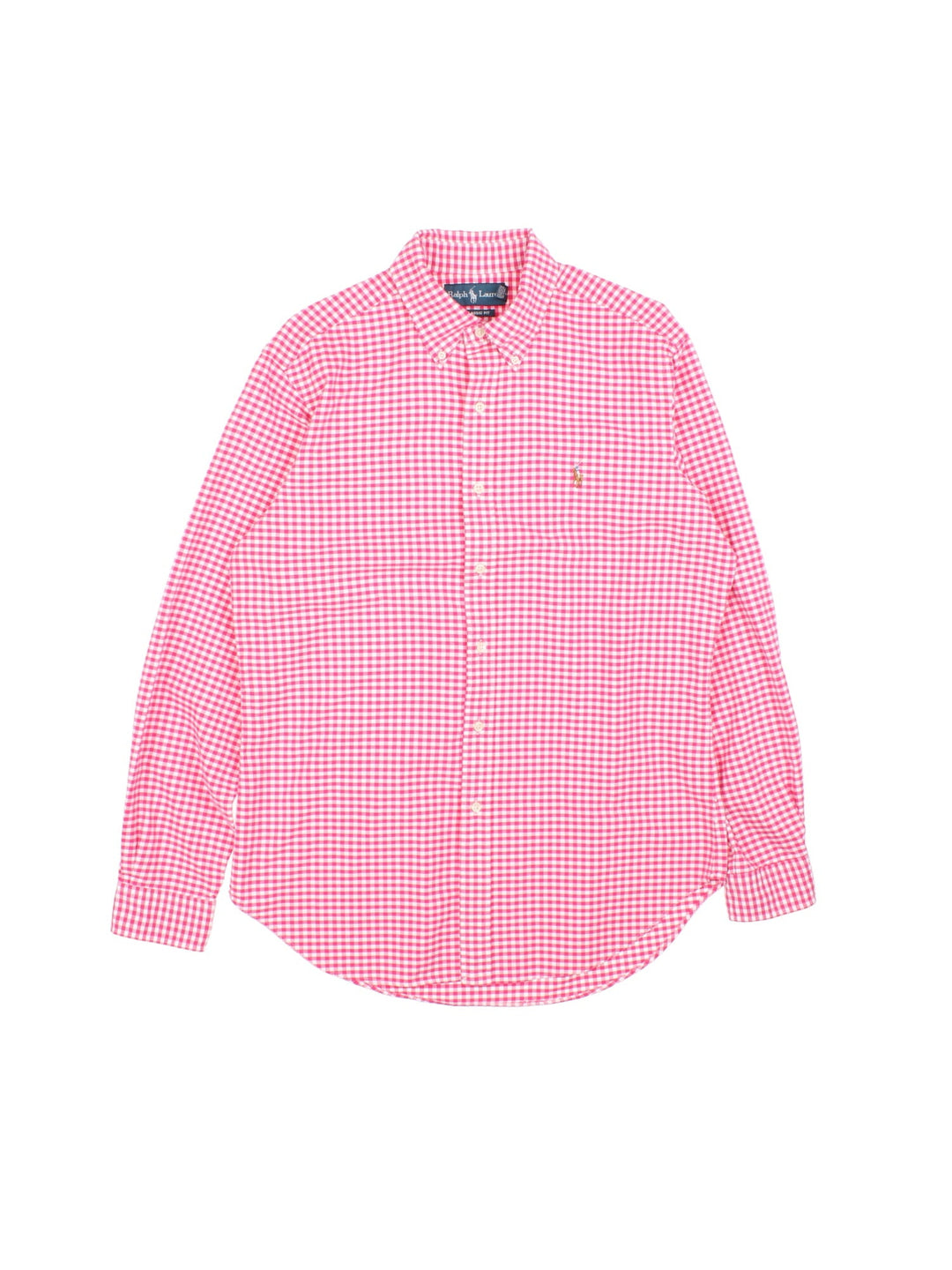 Ralph Lauren Shirt in a pink and white checkered colourway, button up with the logo embroidered on the front.