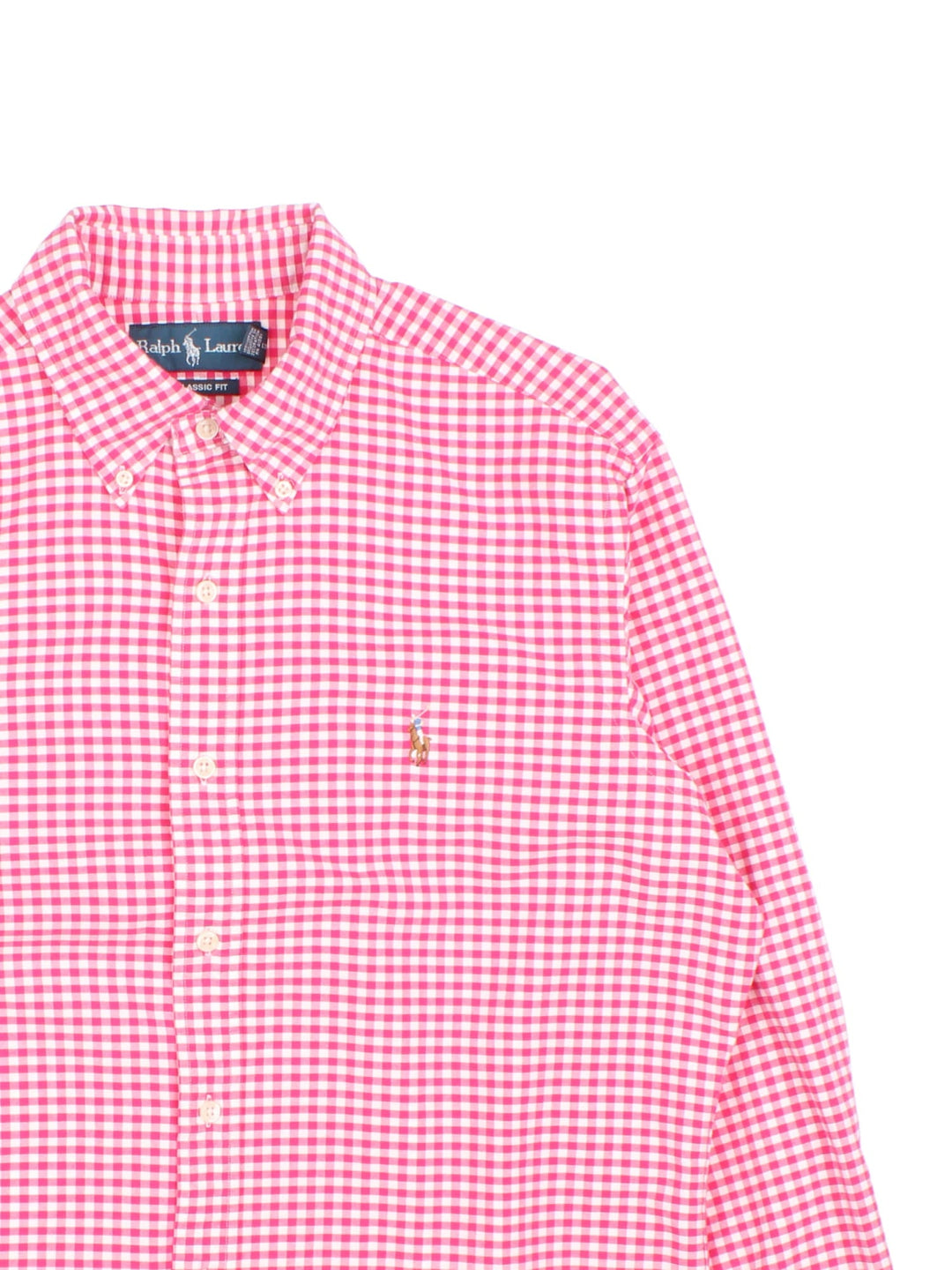 Ralph Lauren Shirt in a pink and white checkered colourway, button up with the logo embroidered on the front.