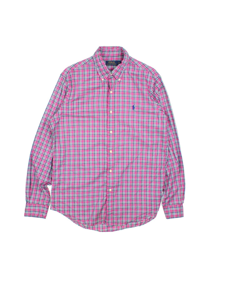 Ralph Lauren Shirt in a pink, blue and white plaid colourway, button up with the logo embroidered on the front.