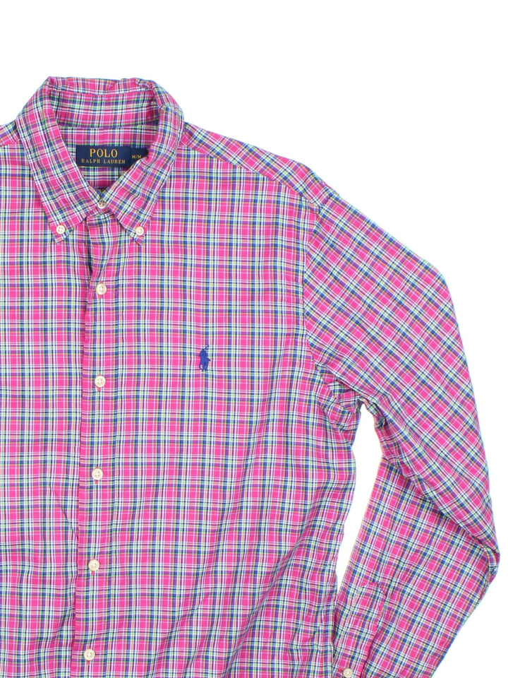 Ralph Lauren Shirt in a pink, blue and white plaid colourway, button up with the logo embroidered on the front.