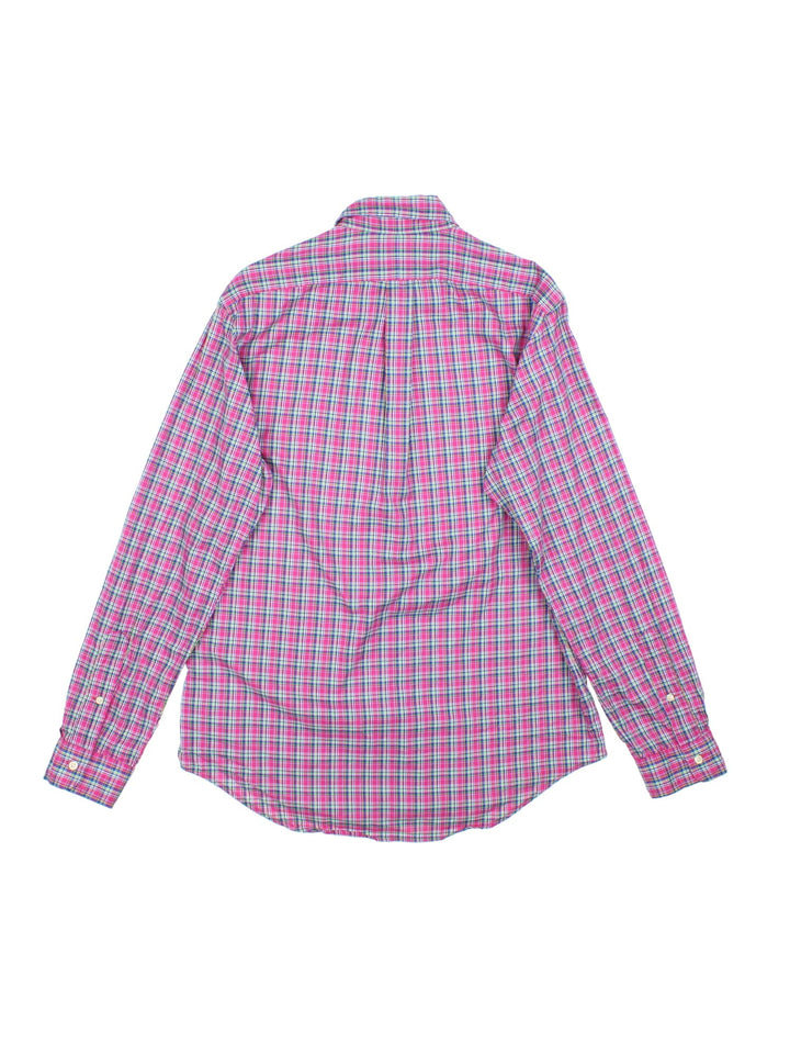 Ralph Lauren Shirt in a pink, blue and white plaid colourway, button up with the logo embroidered on the front.