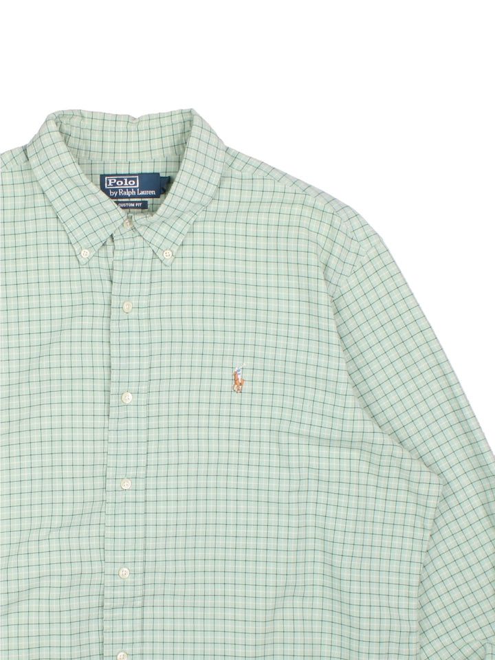 Ralph Lauren Shirt in a green, blue and white checkered colourway, button up with the logo embroidered on the front.