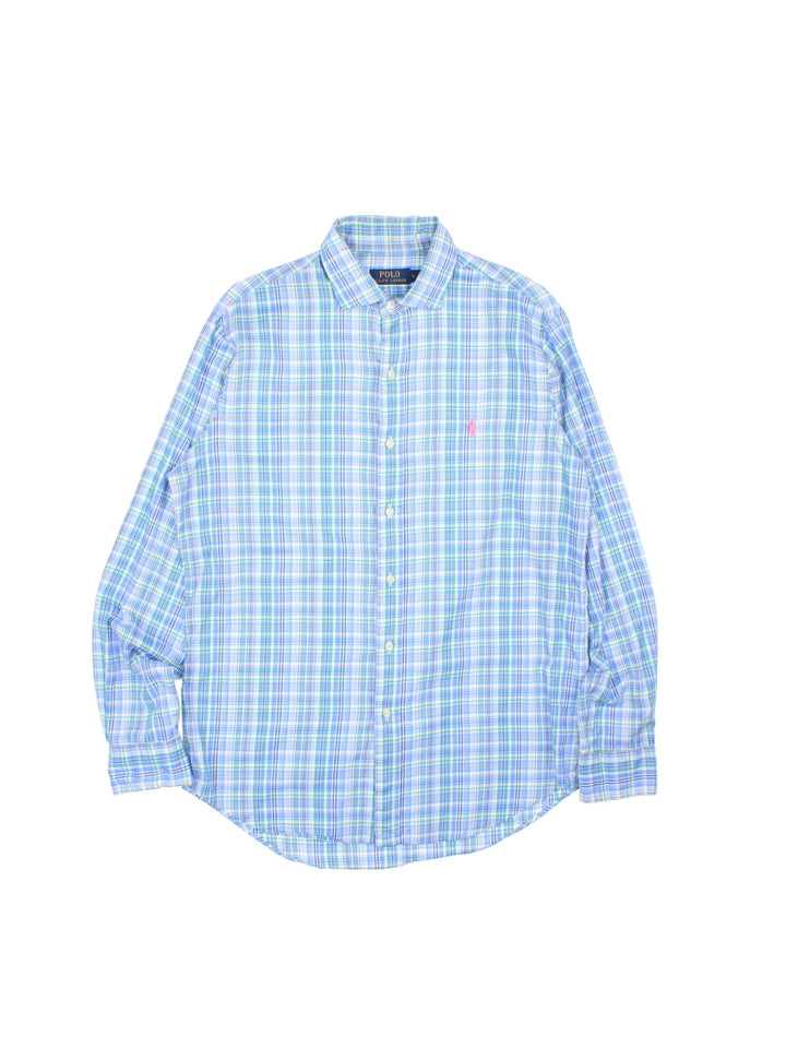 Ralph Lauren Shirt in a blue, white and green checkered colourway, button up with the logo embroidered on the front.