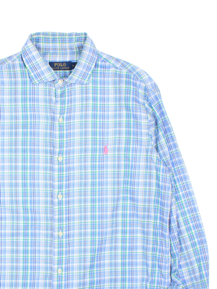 Ralph Lauren Shirt in a blue, white and green checkered colourway, button up with the logo embroidered on the front.