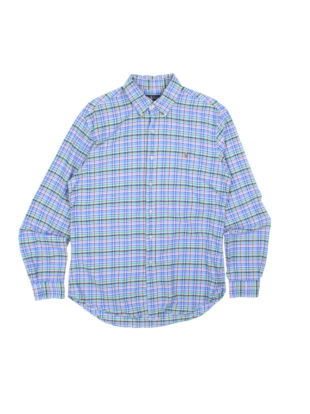 Ralph Lauren Shirt in a blue, purple, white and green checkered colourway, button up with the logo embroidered on the front.