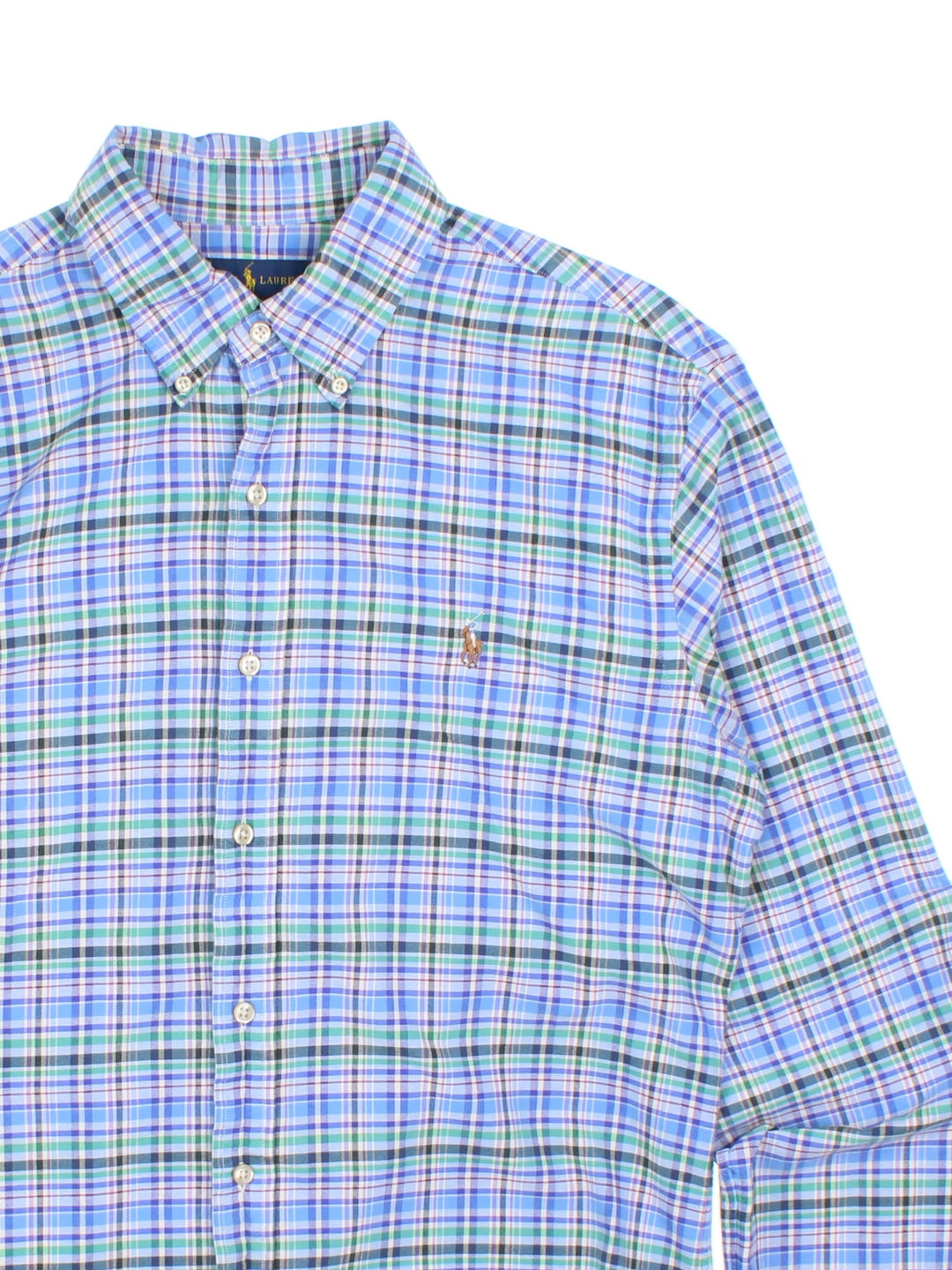 Ralph Lauren Shirt in a blue, purple, white and green checkered colourway, button up with the logo embroidered on the front.