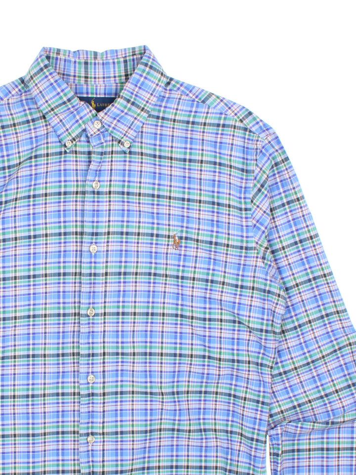 Ralph Lauren Shirt in a blue, purple, white and green checkered colourway, button up with the logo embroidered on the front.