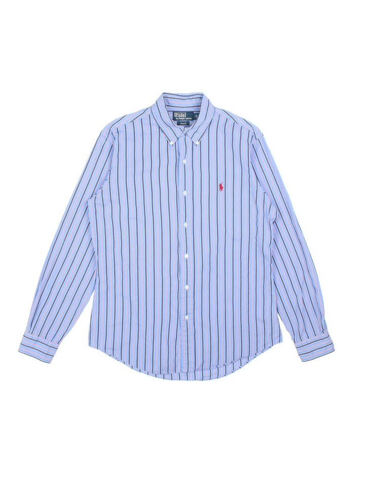 Ralph Lauren Shirt in a blue, red and white striped colourway, button up with the logo embroidered on the front.