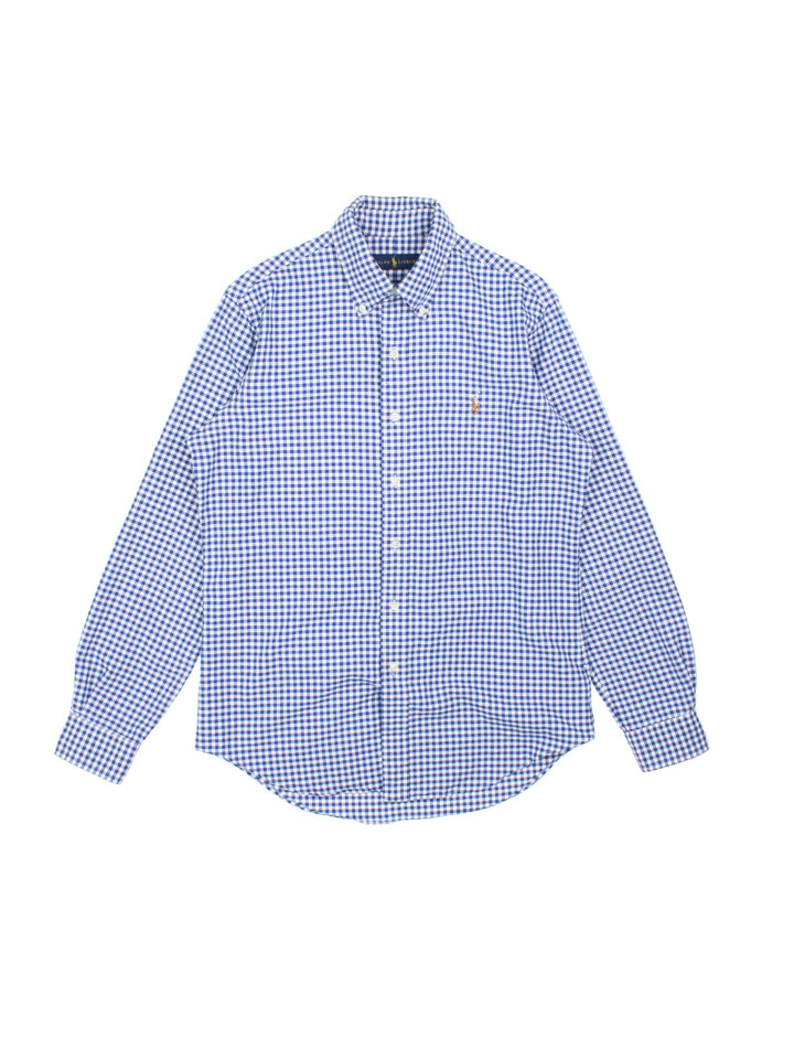 Ralph Lauren Shirt in a blue and white checkered colourway, button up with the logo embroidered on the front.