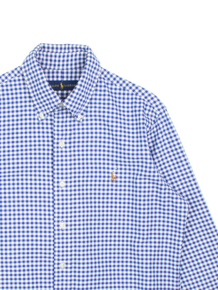 Ralph Lauren Shirt in a blue and white checkered colourway, button up with the logo embroidered on the front.