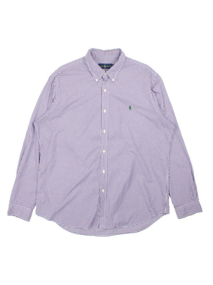 Ralph Lauren Shirt in a purple and white checkered colourway, button up with the logo embroidered on the front.