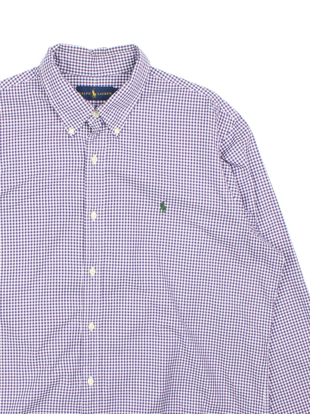 Ralph Lauren Shirt in a purple and white checkered colourway, button up with the logo embroidered on the front.