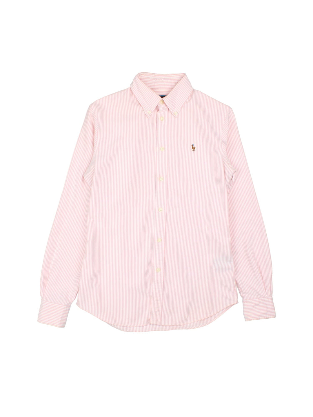 Ralph Lauren Shirt in a pink and white striped colourway, button up with the logo embroidered on the front.