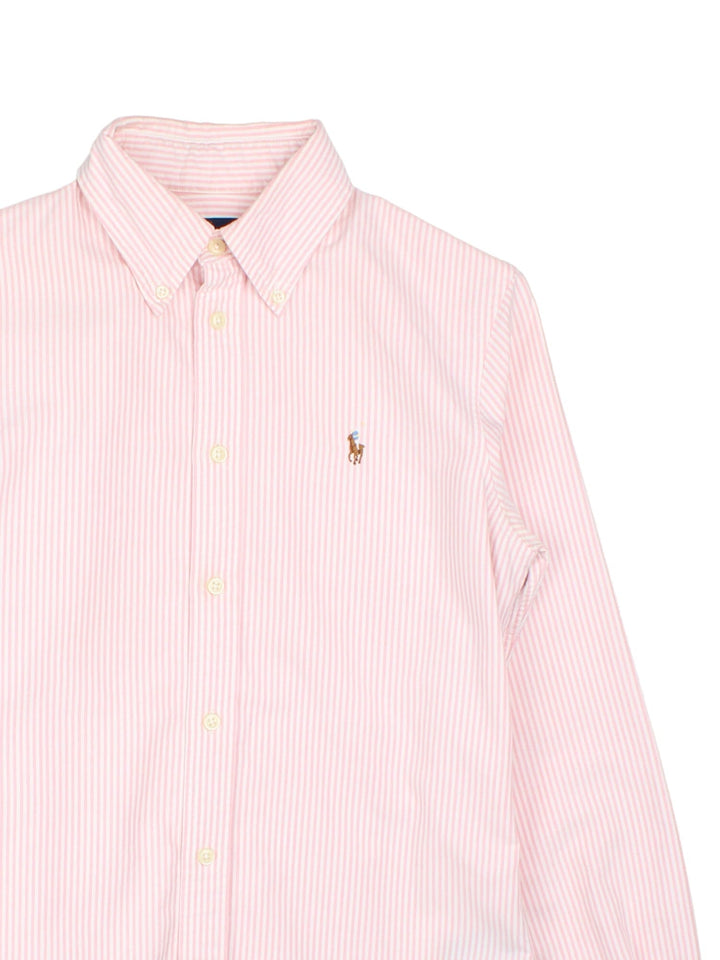 Ralph Lauren Shirt in a pink and white striped colourway, button up with the logo embroidered on the front.