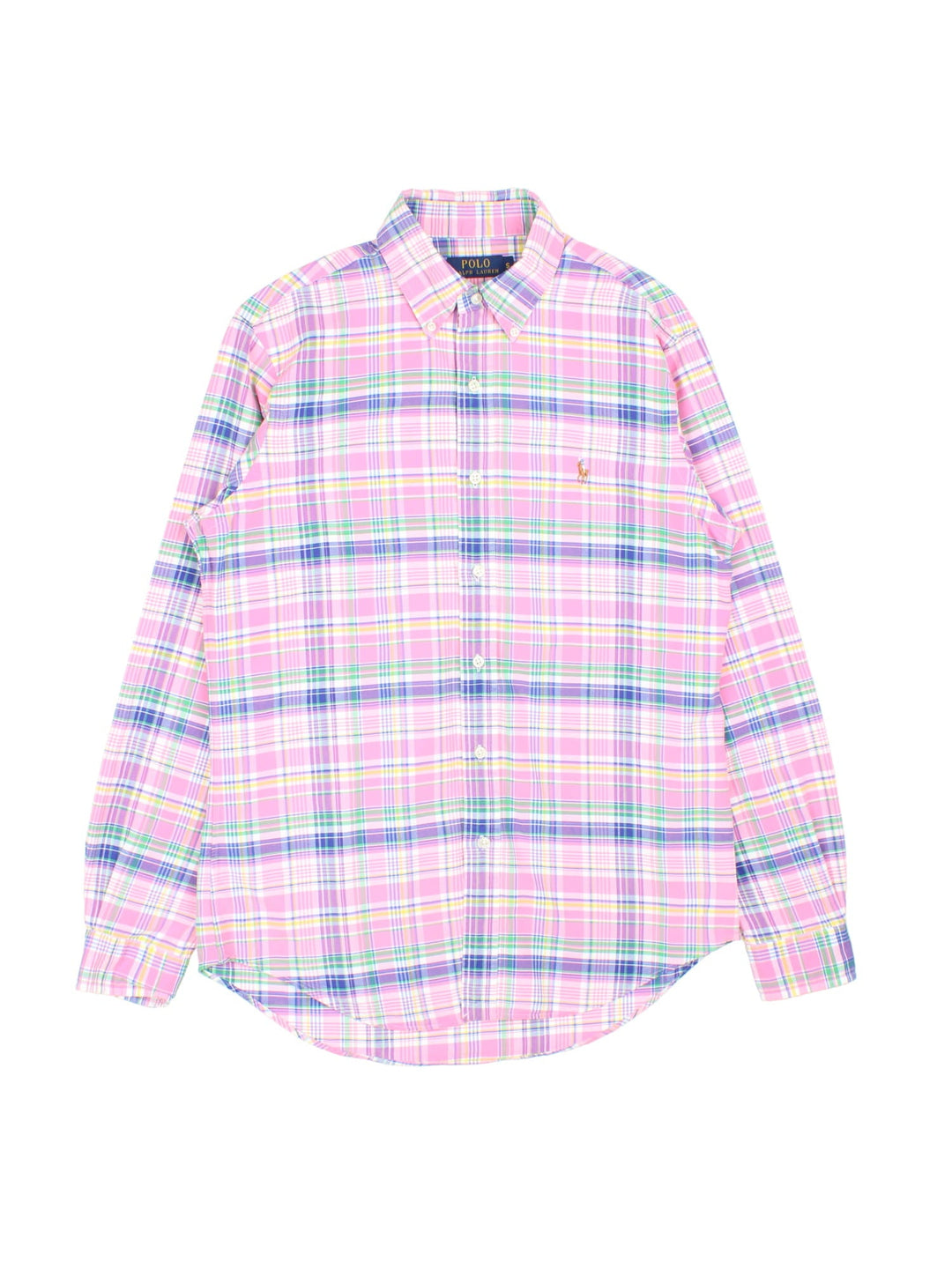 Ralph Lauren Shirt in a pink, white, yellow, blue and green checkered colourway, button up with the logo embroidered on the front.