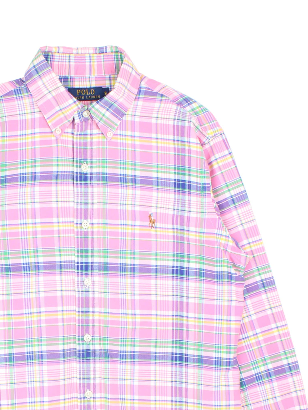 Ralph Lauren Shirt in a pink, white, yellow, blue and green checkered colourway, button up with the logo embroidered on the front.