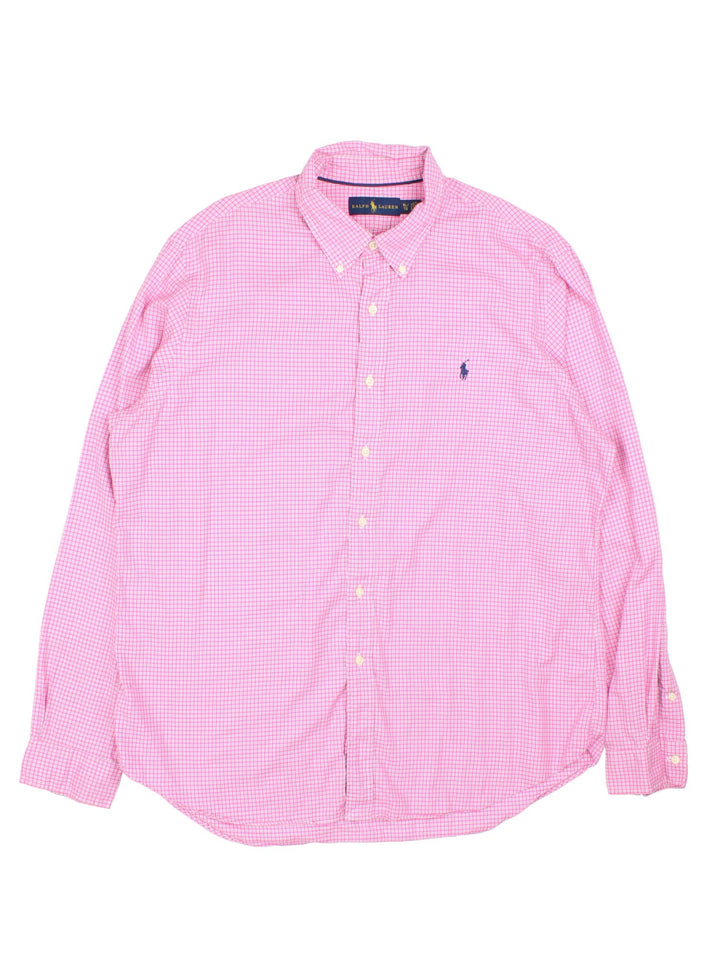 Ralph Lauren Shirt in a pink, white and black checkered colourway, button up with the logo embroidered on the front.