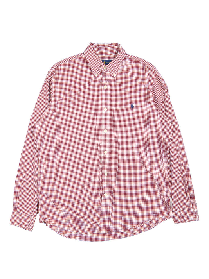 Ralph Lauren Shirt in a red and white checkered colourway, button up with the logo embroidered on the front.